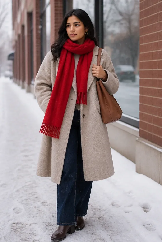 Oatmeal oversized coat over navy jeans with red scarf and brown boots