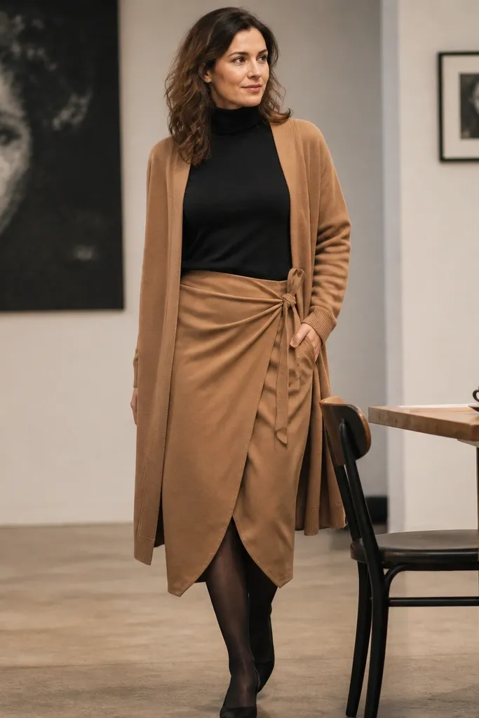 Black turtleneck with camel wrap skirt and long cardigan in tan