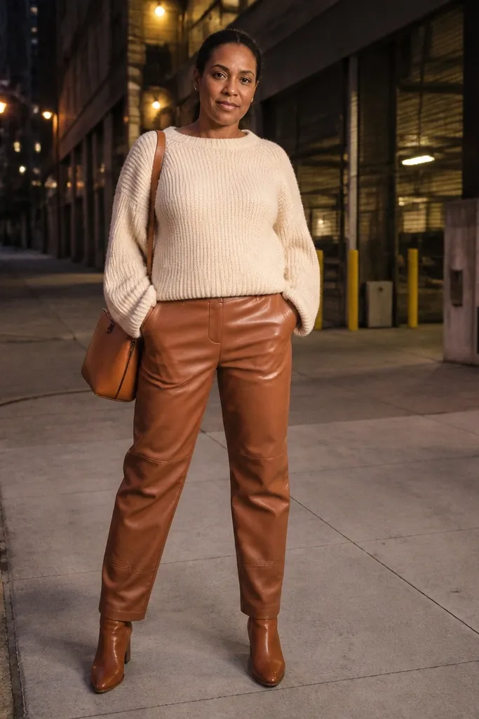 Cream sweater with cognac leather pants and brown ankle boots
