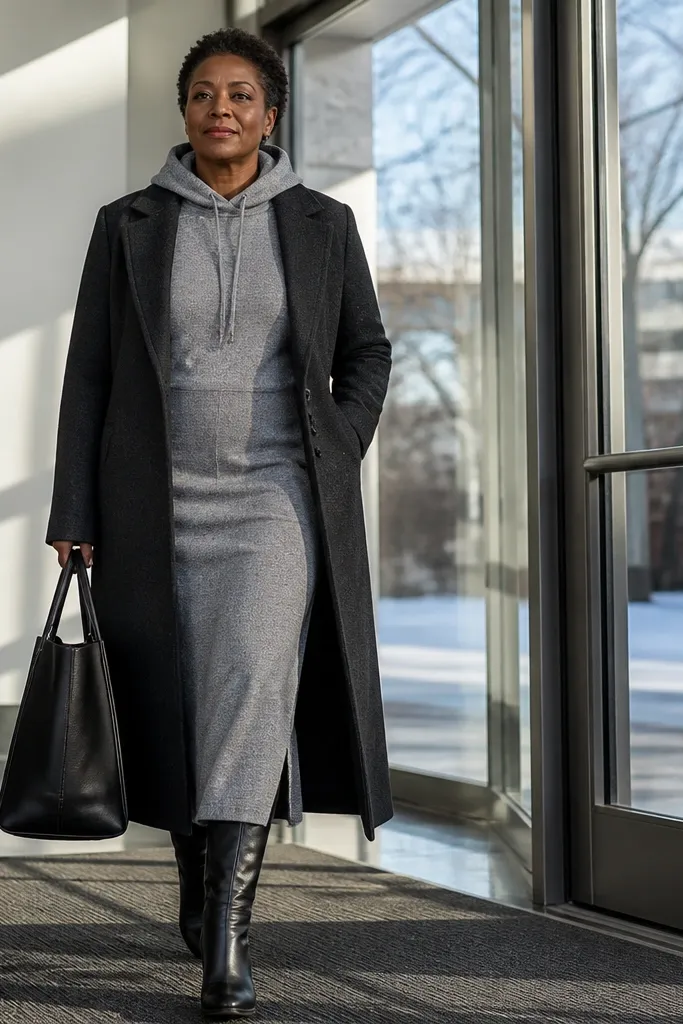 Heather grey hoodie dress with wool coat and black boots
