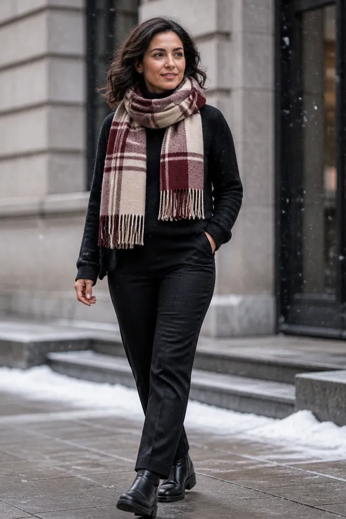 All-black outfit with black top, pants, boots, and plaid scarf