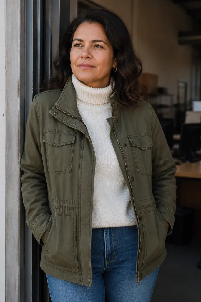 Ivory turtleneck with olive utility jacket and straight jeans
