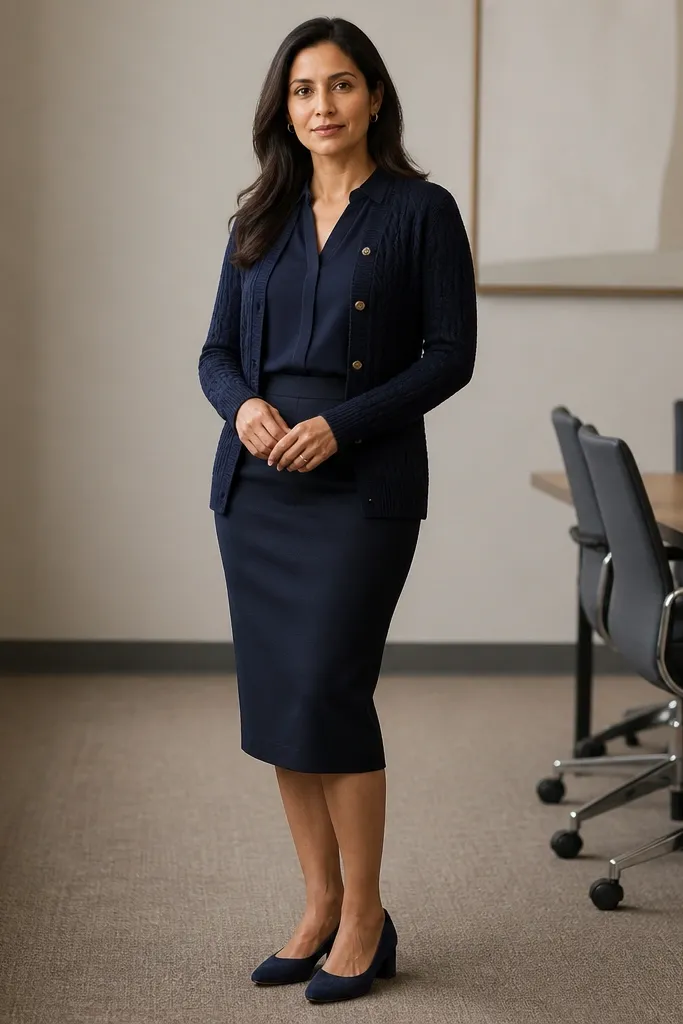Navy blouse under cable-knit cardigan with pencil skirt and low heels