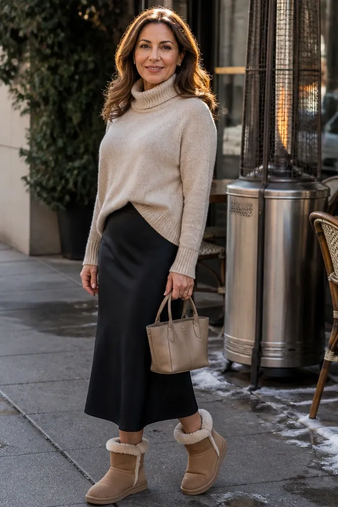 Oatmeal sweater with black midi skirt and tan teddy-lined boots
