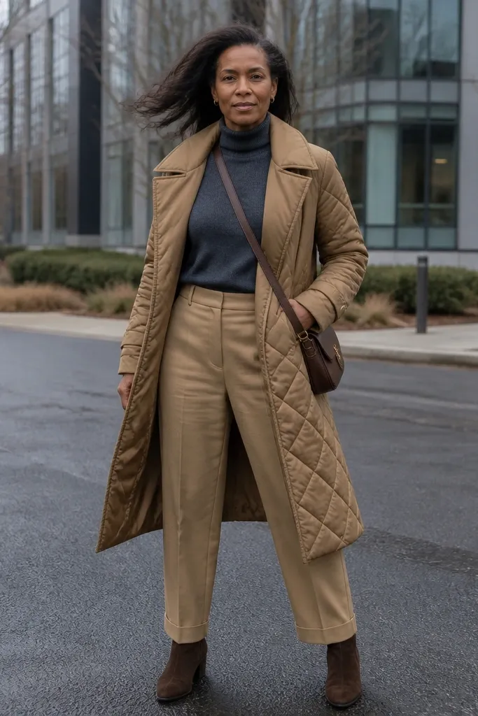 Charcoal mock neck with tan chinos and padded trench coat