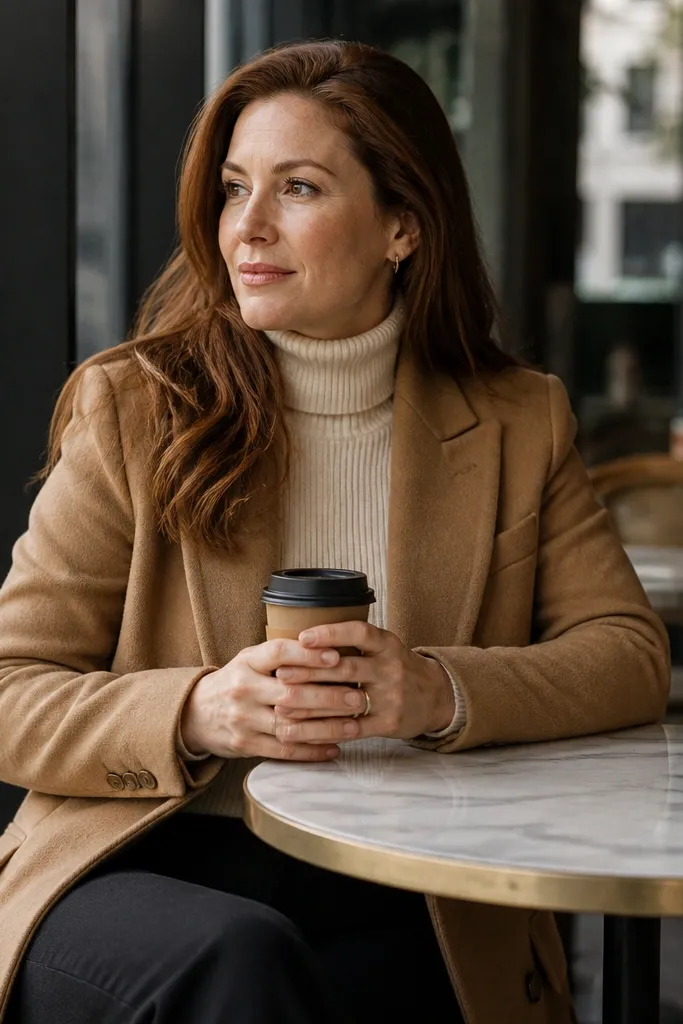 Camel blazer over cream turtleneck with dark straight-leg trousers and brown loafers