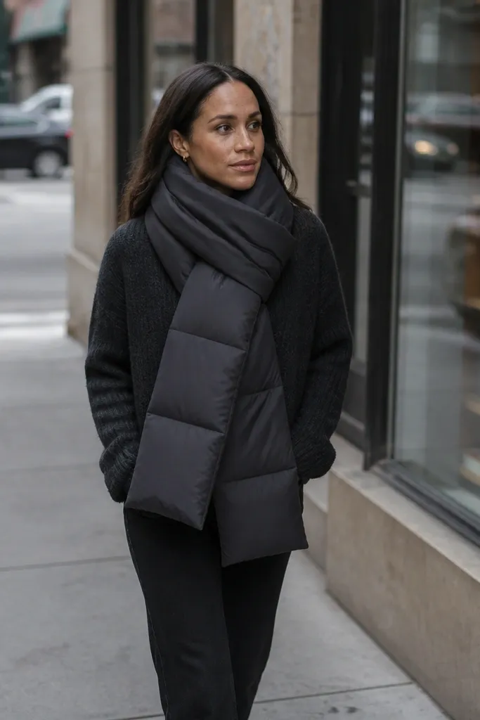 Charcoal cardigan over black jeans with a long dark puffer scarf and black ankle boots