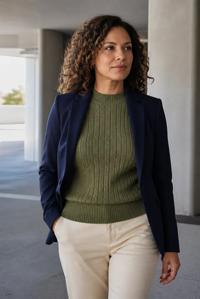 Navy blazer over olive sweater with cream chinos and tan Chelsea boots