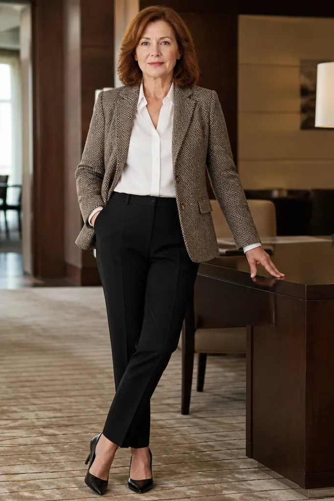Tweed blazer over white button-down with black slim trousers and black pumps