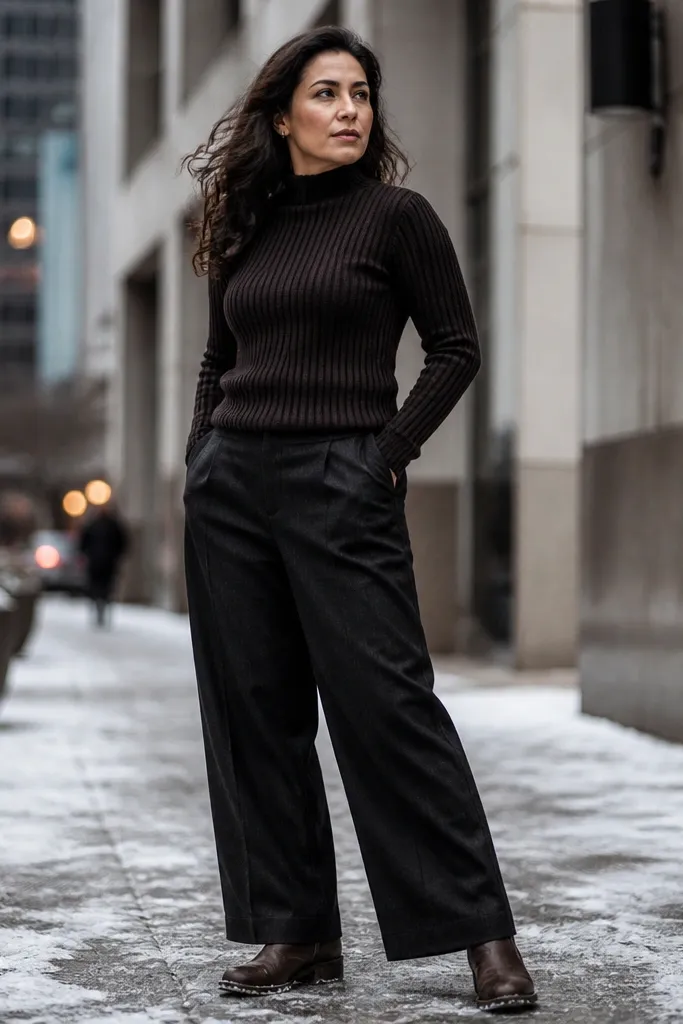 Ribbed mock-neck sweater with dark wide-leg trousers and weathered leather boots