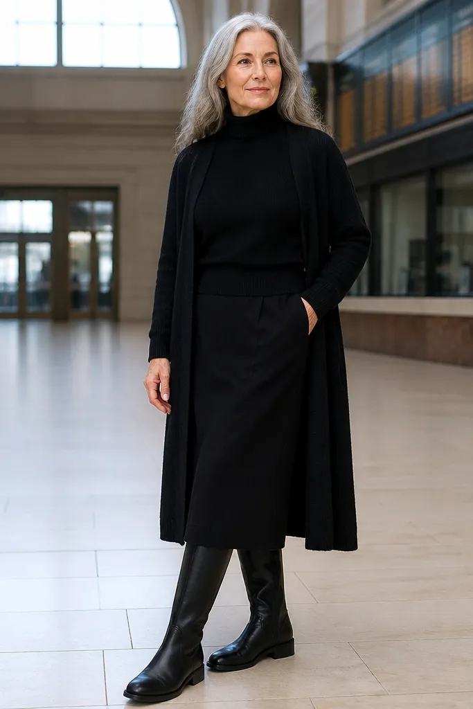 Black turtleneck with black midi skirt, long cardigan, and flat riding boots