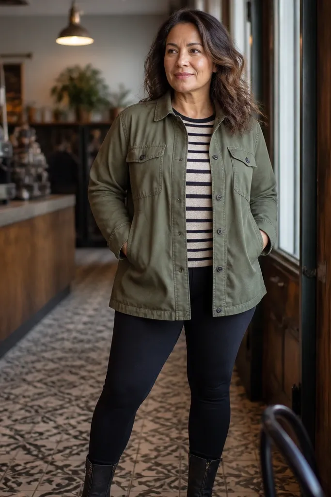 Olive utility jacket over striped sweater with black leggings and rugged boots
