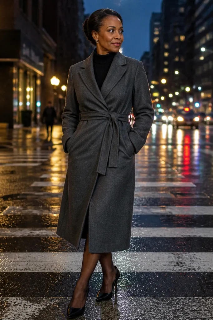 Slate wrap coat over black sweater dress with sheer tights and black heeled boots