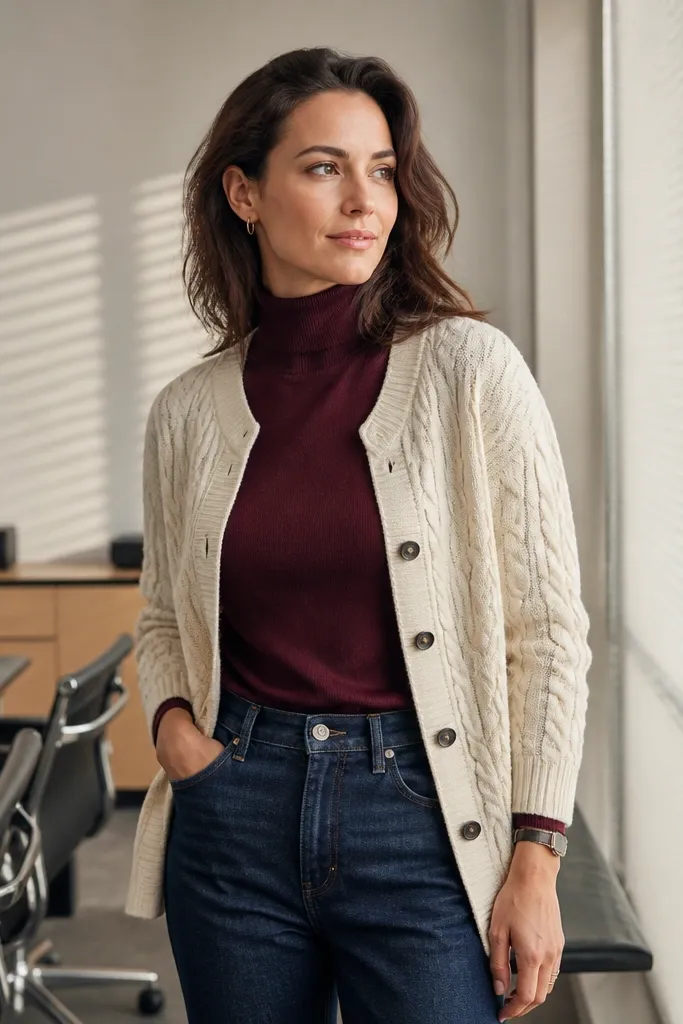 Burgundy turtleneck under cream cable cardigan with dark denim and burgundy loafers