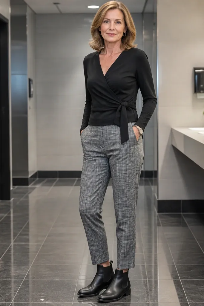 Black wrap long-sleeve top with grey plaid trousers and black Chelsea boots