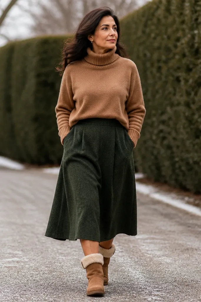 Camel turtleneck with dark green midi skirt and shearling-lined boots