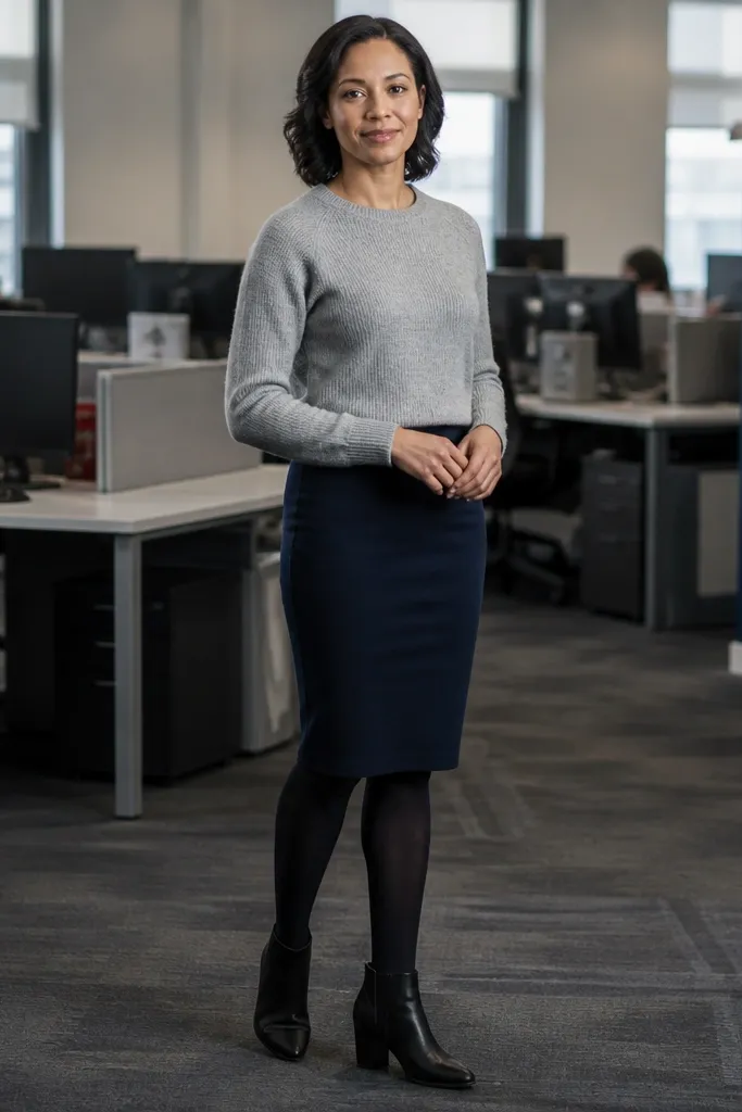 Grey crewneck sweater with navy pencil skirt, sheer tights, and low heel booties