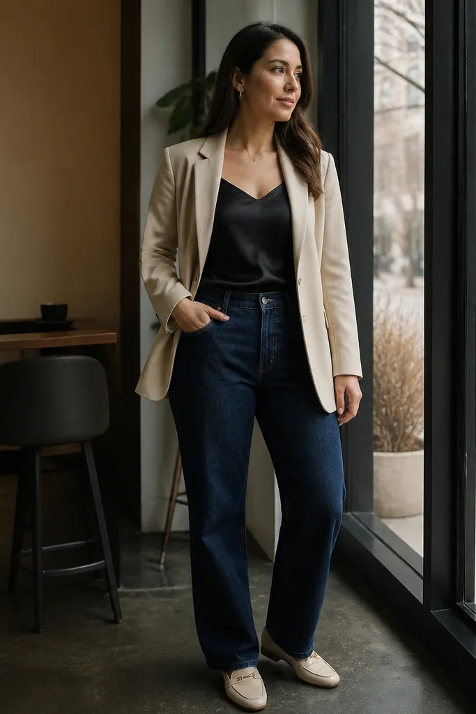Black satin camisole under oatmeal blazer with dark jeans and black loafers