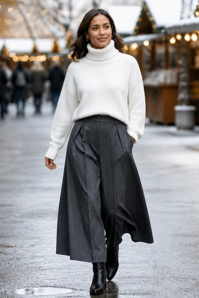 White knit turtleneck with charcoal pleated trousers and black ankle boots