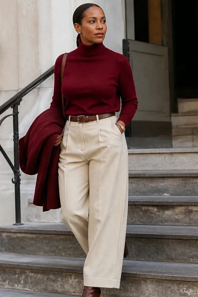 Red-wine turtleneck with cream wide-leg pants and brown belt plus brown boots