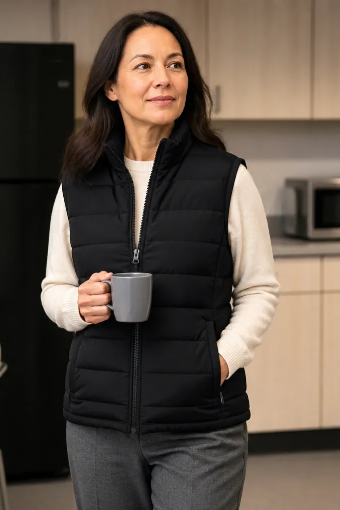 Black puffer vest over cream sweater with grey trousers and black loafers