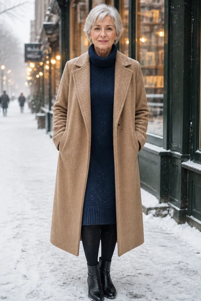 Navy sweater dress with long camel coat and black tights plus black boots