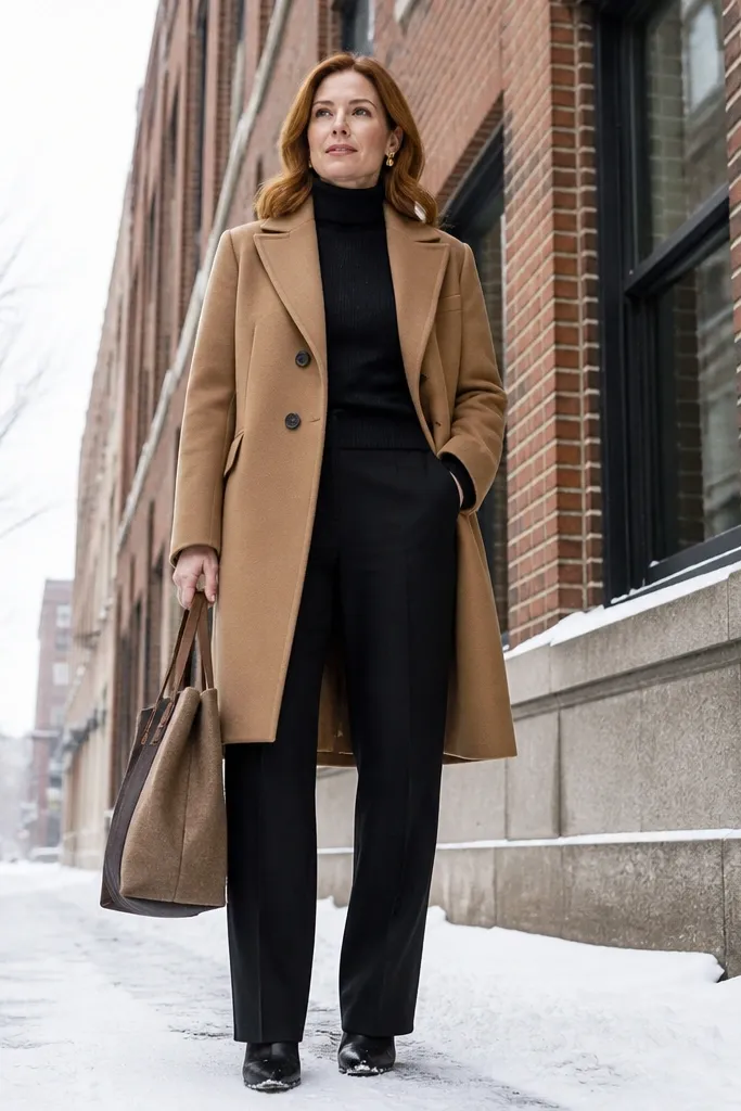 Camel wool coat over black turtleneck with straight-leg black trousers and black ankle boots
