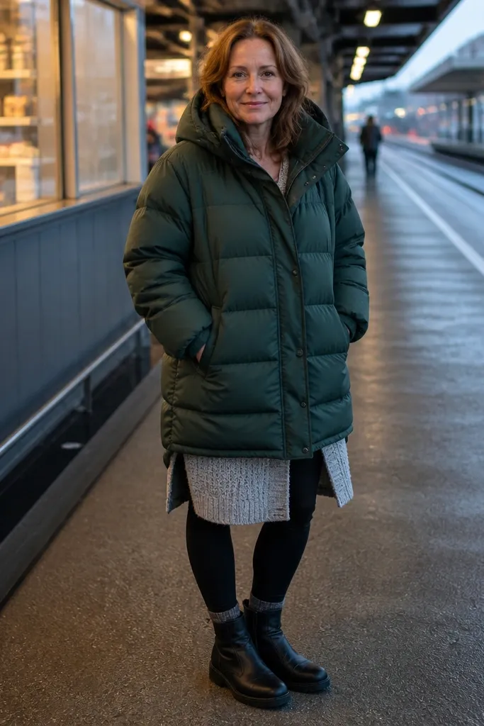 Forest green puffer coat over black leggings with a long knit cardigan and dark brown boots
