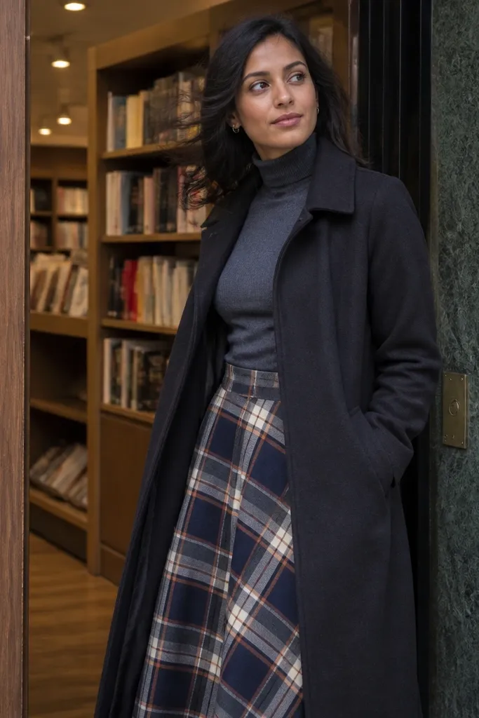 Charcoal overcoat over gray turtleneck with a plaid midi skirt and black knee-high boots