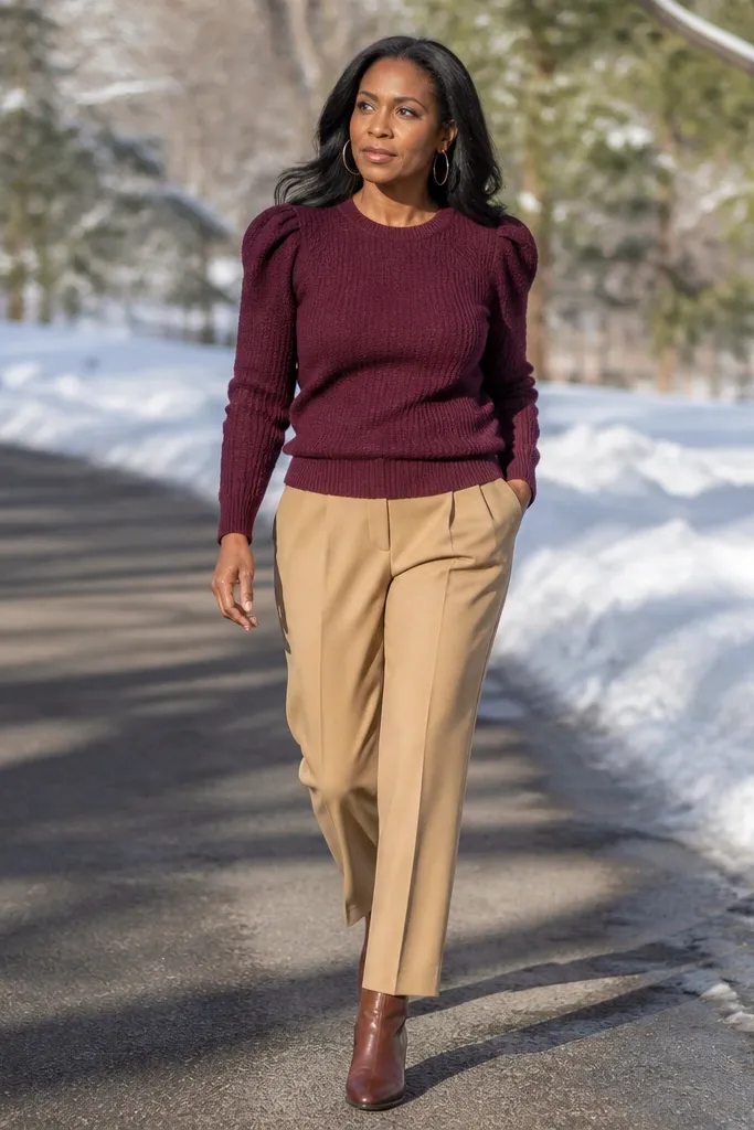 Burgundy knit sweater with camel trousers and cocoa leather boots with a dark scarf