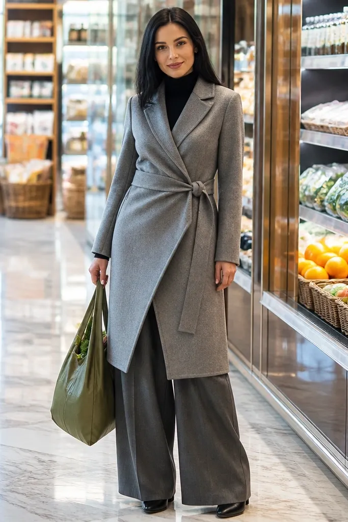 Silver-gray wrap coat over black turtleneck with wide-leg trousers and black loafers