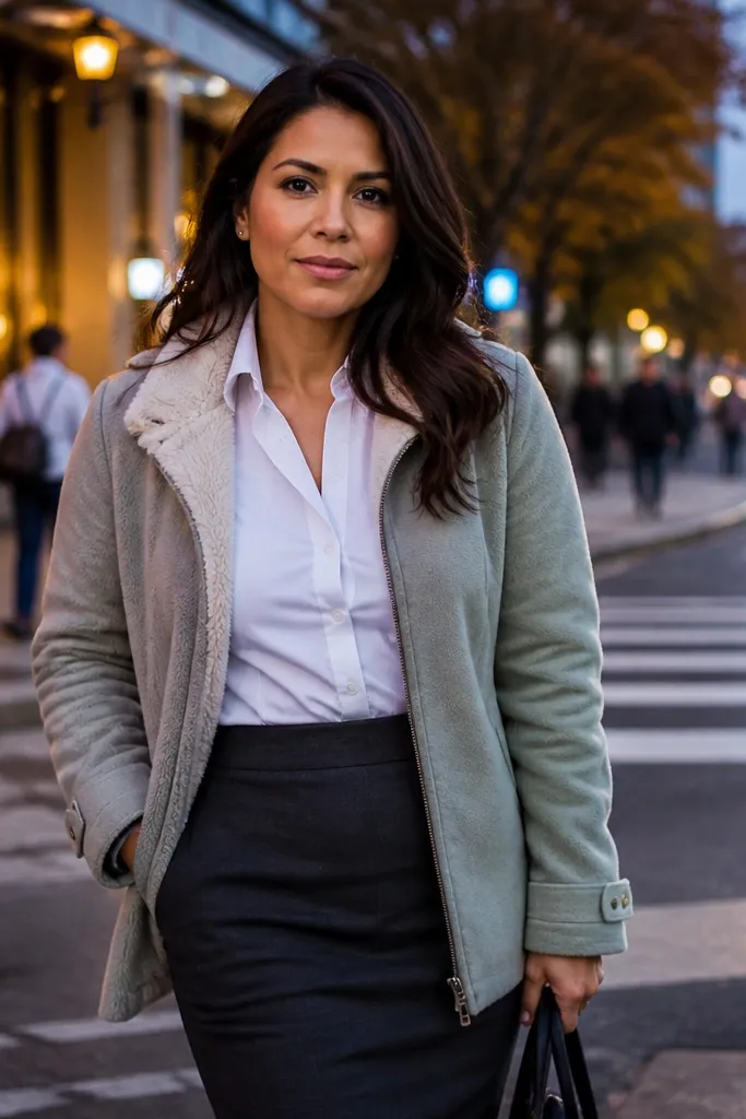 Light gray fleece-lined jacket over a white blouse with a dark pencil skirt and black ankle boots