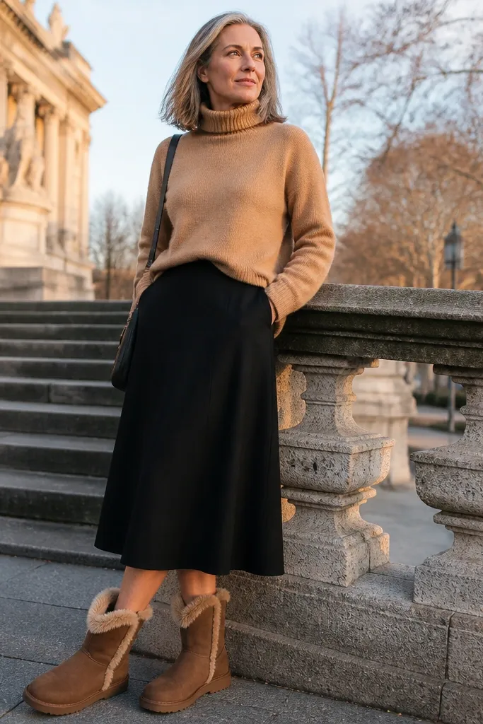 Camel turtleneck sweater with a black midi skirt and shearling-trim boots