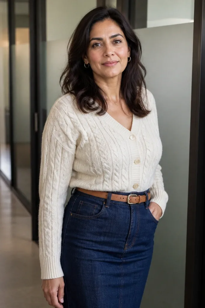 Cream cable-knit cardigan over a denim pencil skirt with a tan belt and brown boots