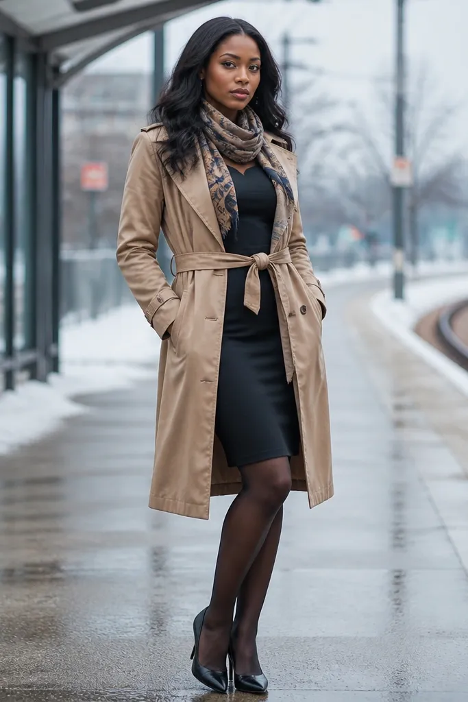 Black sheath dress under a camel trench with opaque tights and a patterned scarf