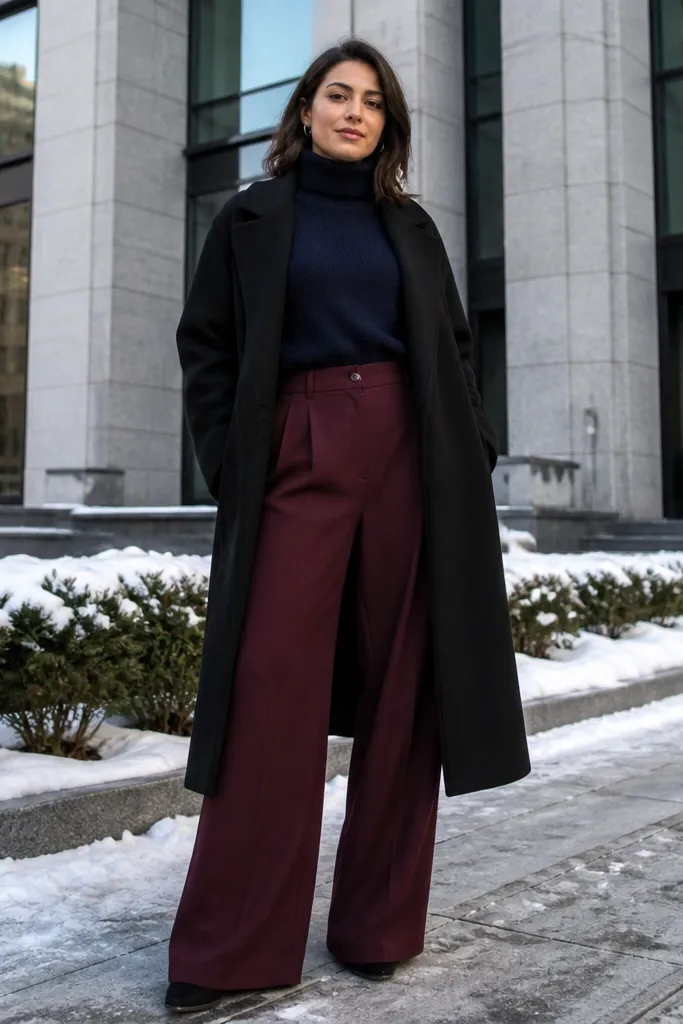 Navy turtleneck with burgundy wide-leg trousers and a black coat with black boots