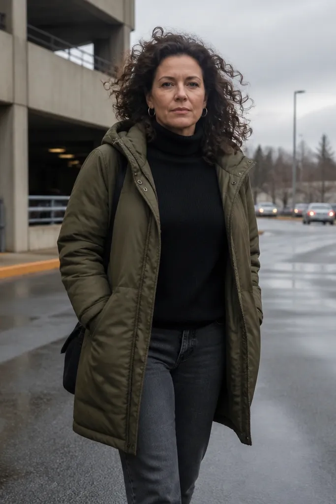 Olive parka over black turtleneck with gray straight jeans and dark sneakers or boots