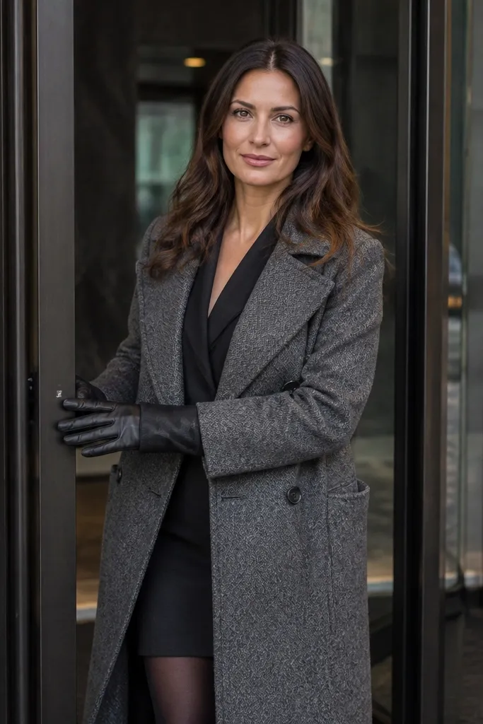 Black blazer dress under a long wool coat with black tights and leather gloves