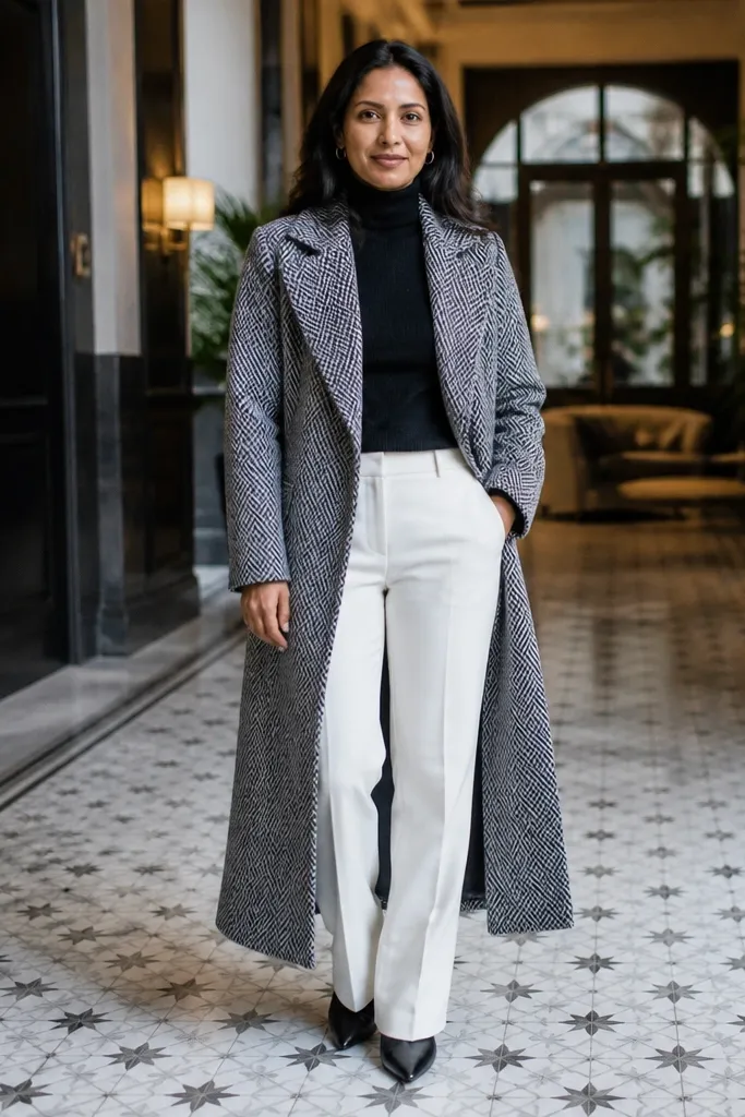 Gray herringbone coat over black turtleneck with white straight trousers and black boots