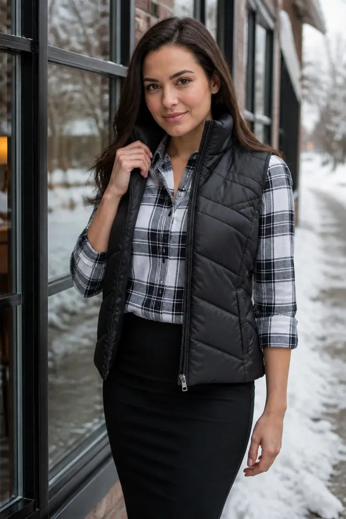Black puffer vest over plaid button-down with black pencil skirt and black ankle boots