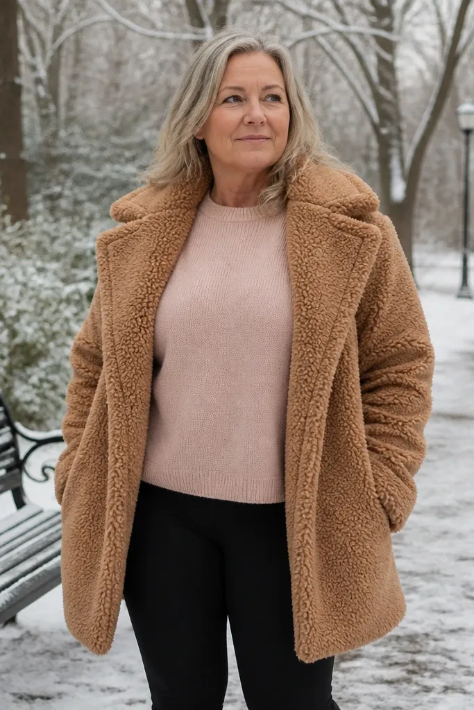 Blush sweater over black leggings with a camel teddy coat and black boots