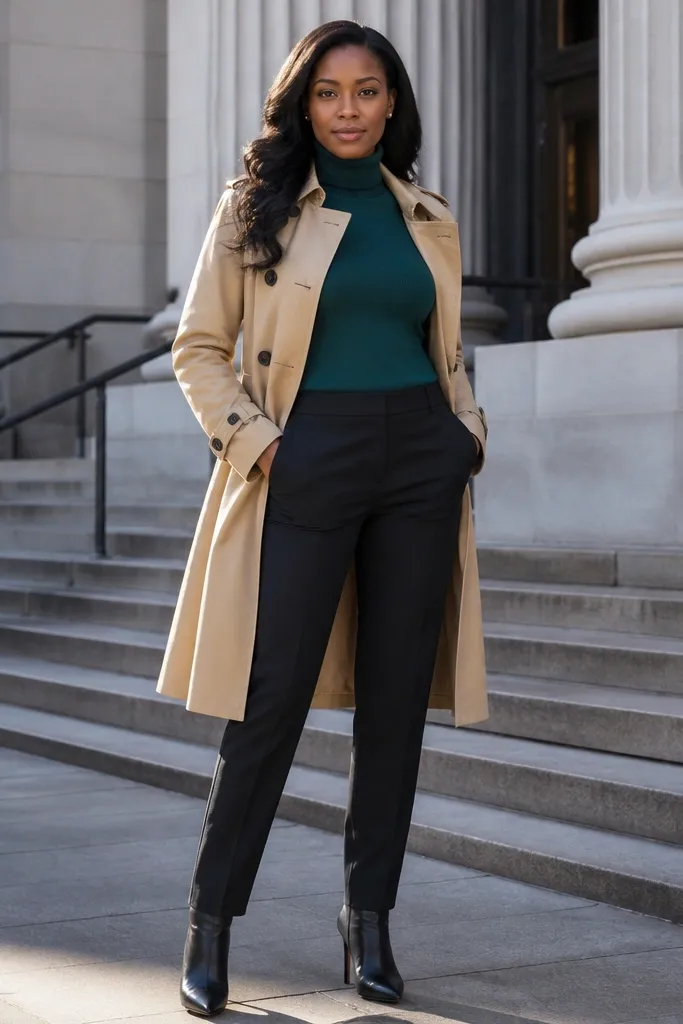 Teal turtleneck under a tan trench with black cigarette trousers and black pointed-toe shoes