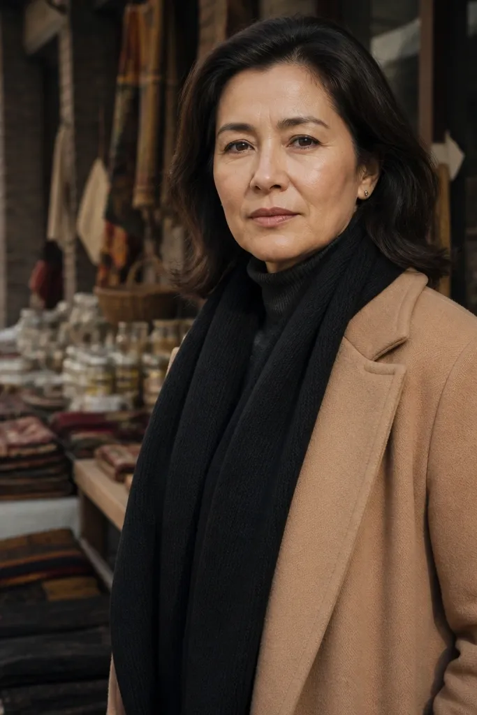 Charcoal turtleneck with camel overcoat and black wide scarf, paired with black trousers and boots