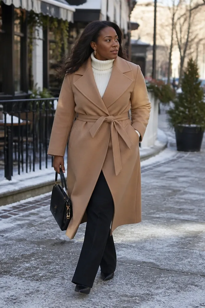 Camel wrap coat over cream rib turtleneck with black straight trousers and tan ankle boots