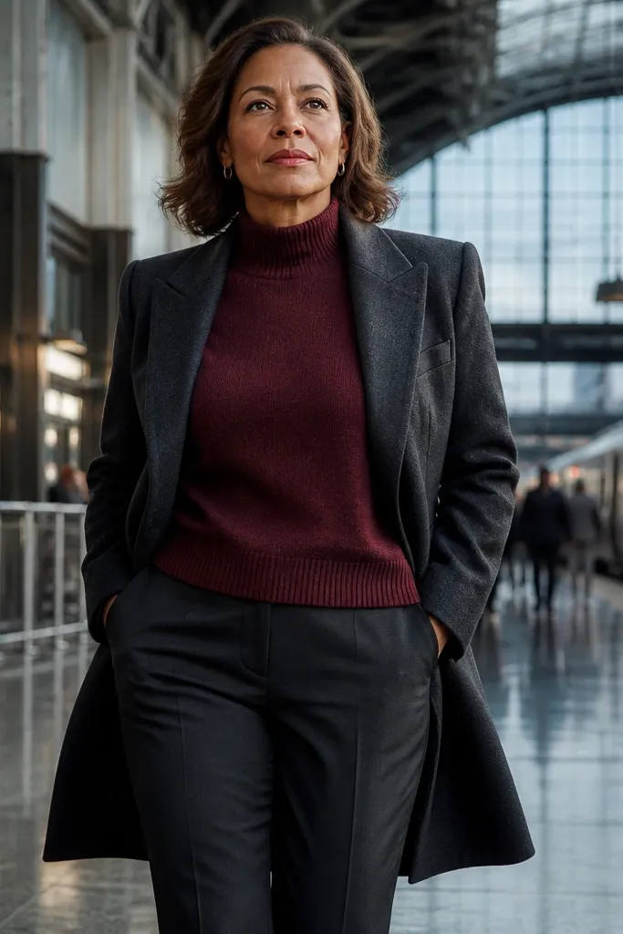 Charcoal blazer coat over burgundy knit with slim cigarette pants and black loafers
