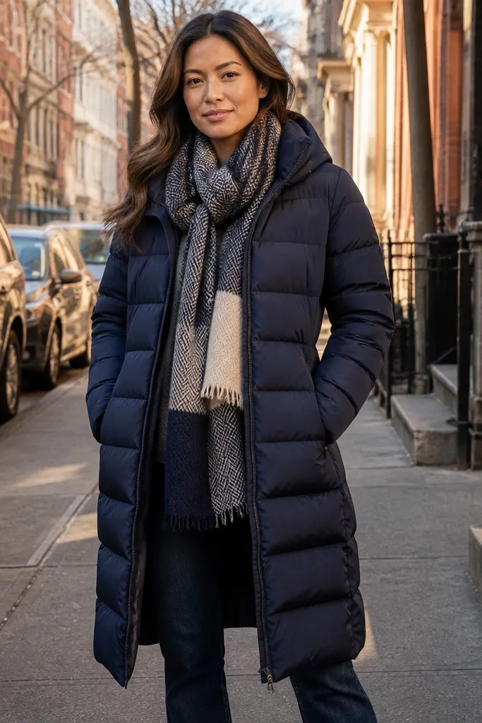 Navy puffer with long wool scarf over straight-leg jeans and white sneakers