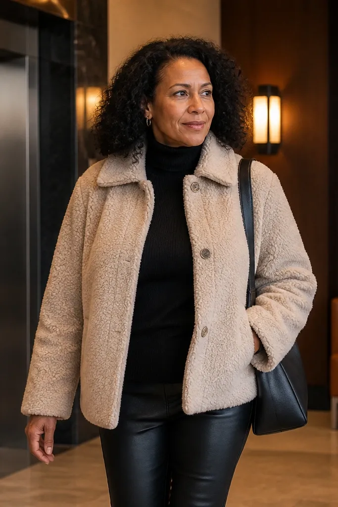 Oatmeal teddy jacket over black turtleneck with leather-look leggings and ankle boots