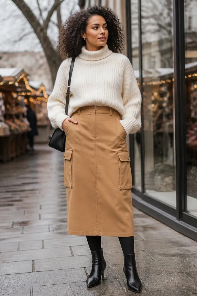 Ivory turtleneck sweater with camel cargo skirt, black tights, and brown boots