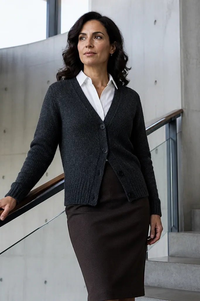 White button-down under charcoal knit cardigan with a pencil skirt and black pumps
