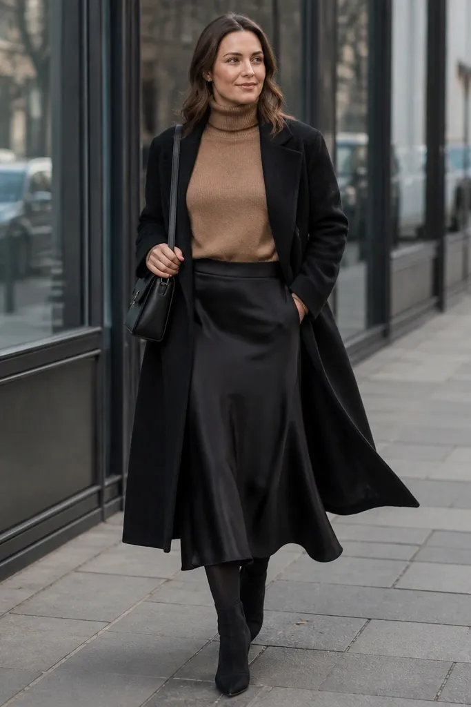 Camel turtleneck with black midi slip skirt and long dark coat with heeled boots